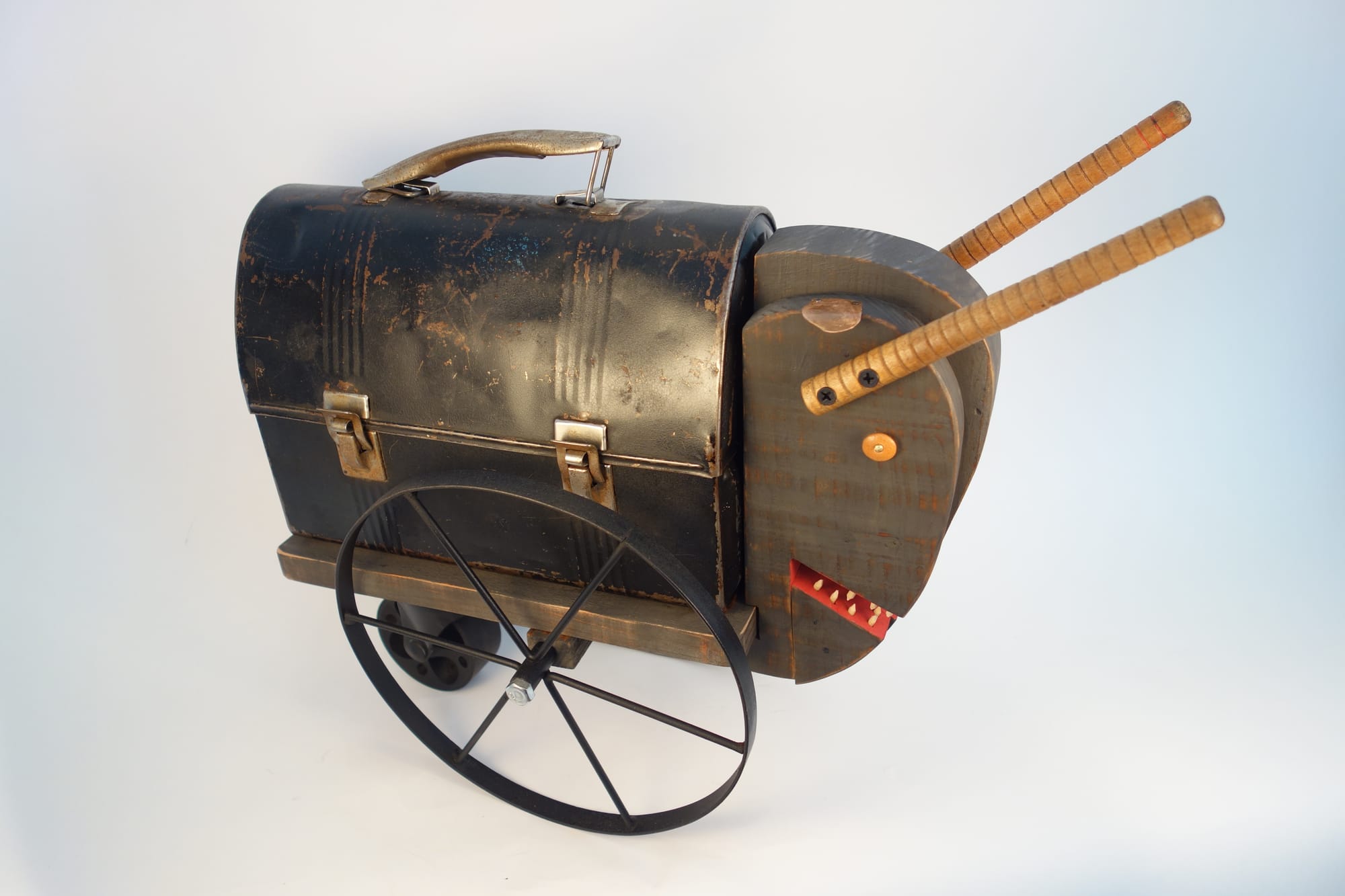 A bison sculpture made from found and constructed objects 