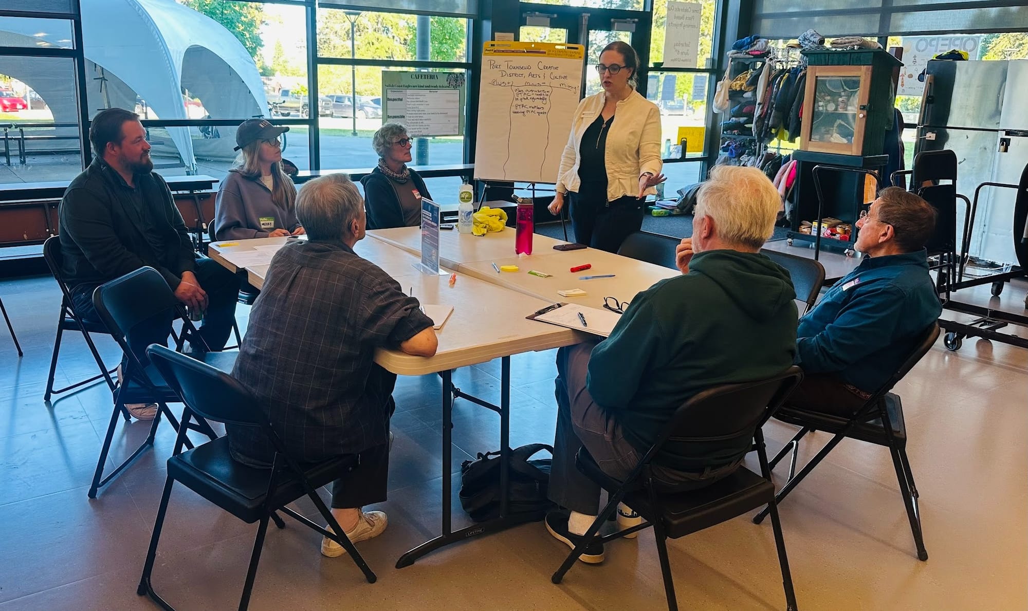 Melody Sky Weaver stands in front of community members at a square table in front of a paper easel.  