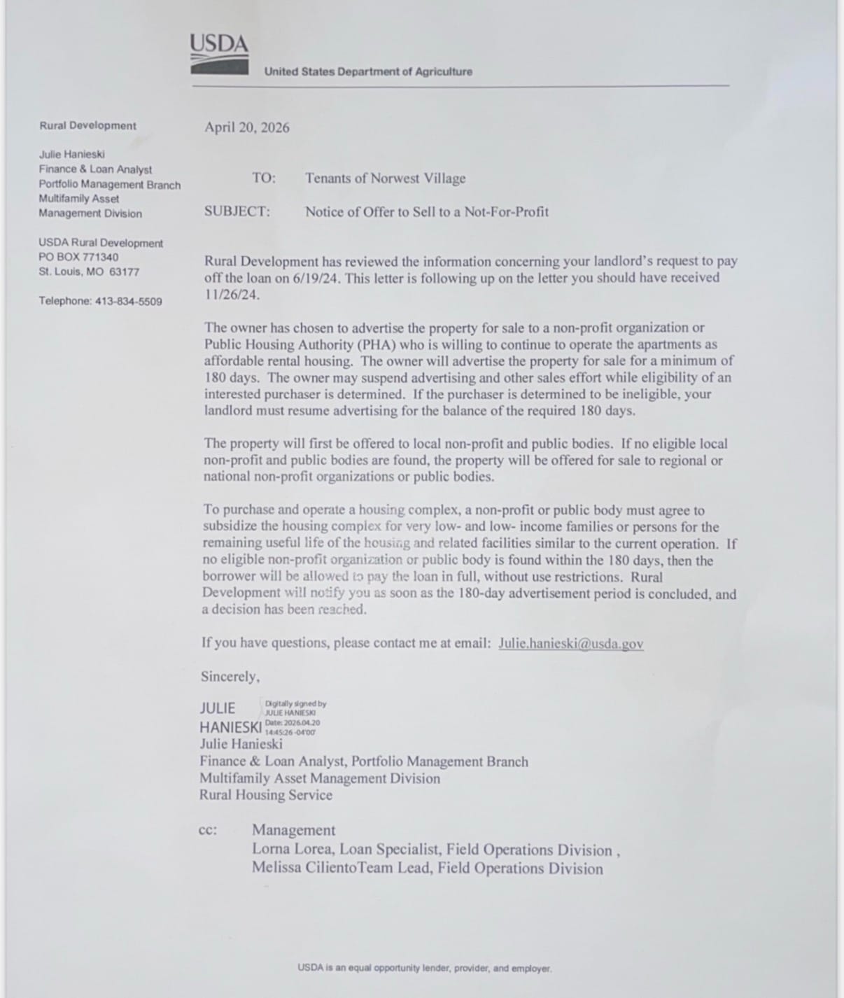 Image of letter received by tenants of both Norwest Village and Bishop Park.
