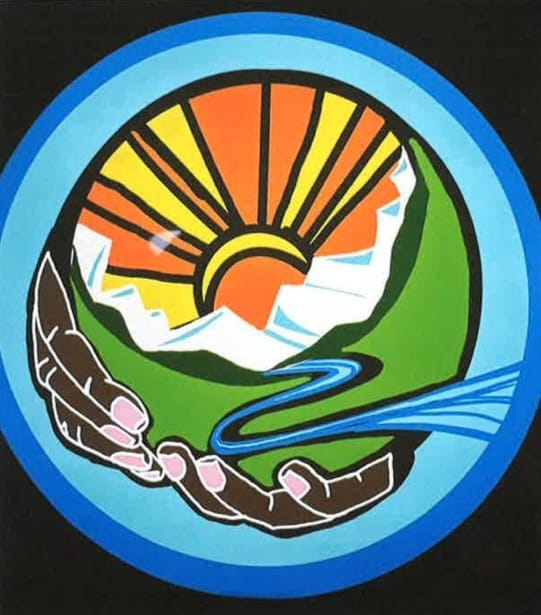 A mandala of a farmer's hands holding the earth with the sun behind mountains and a river coming into the foreground.
