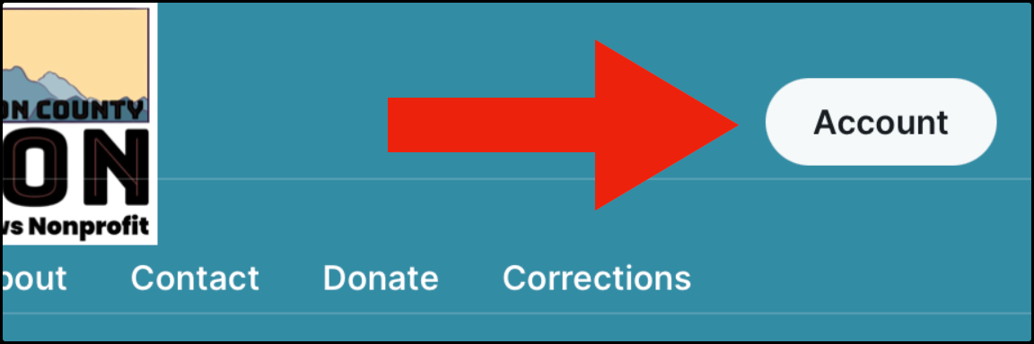 Closeup with red arrow highlighting where the Account button can be found on any of the Beacon's web page.