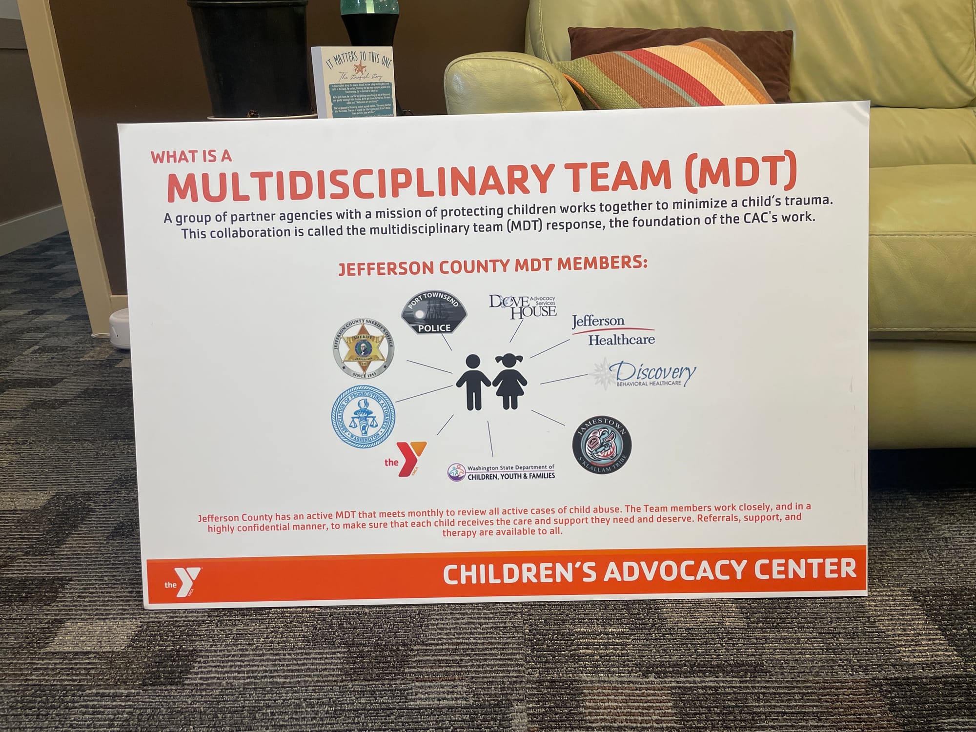 Child Advocacy Center multidisciplinary team (MDT) approach info board.