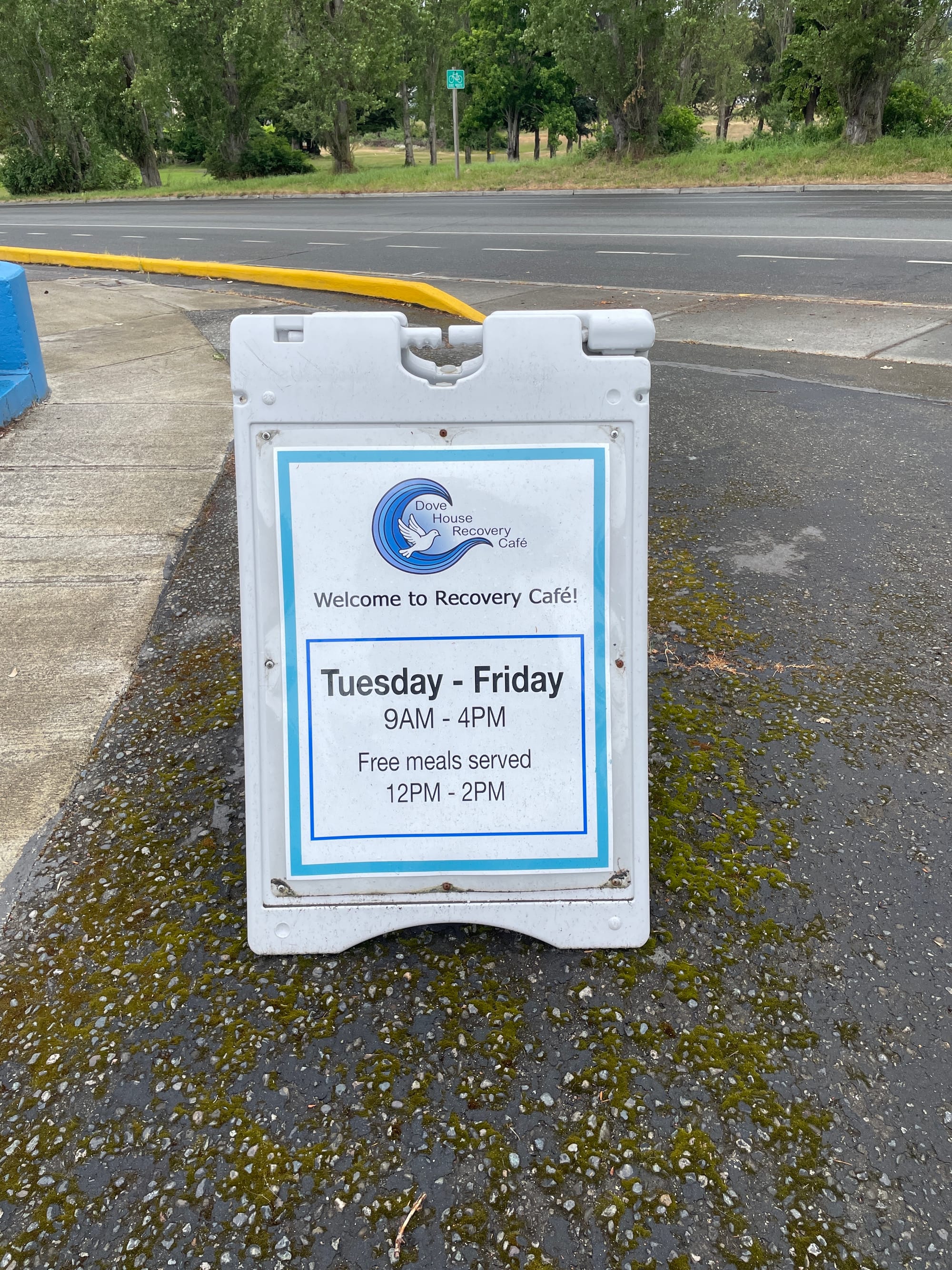 Sandwich board on the pavement, outside the Recovery Café