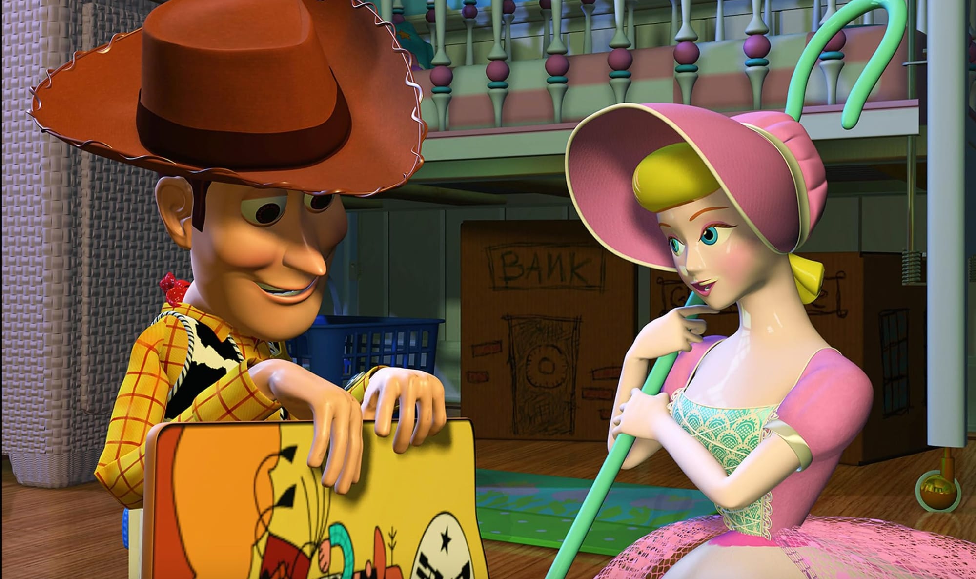 Woody, left in a western outfit and cowboy hat and Bo Peep, right in a pink dress and bonnet holding a shepherd's crook.