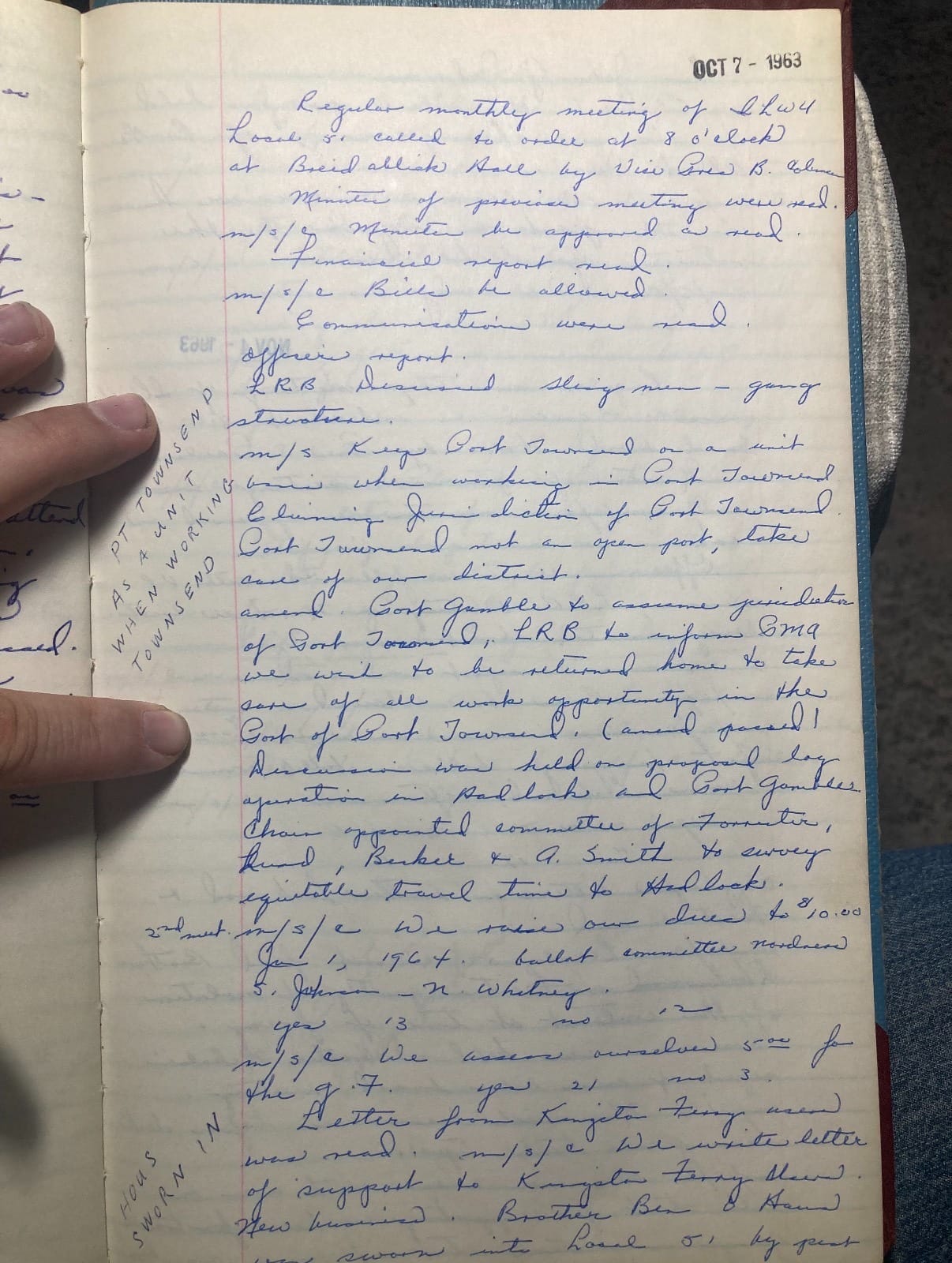 Handwritten ILWU meeting minutes from 1963.