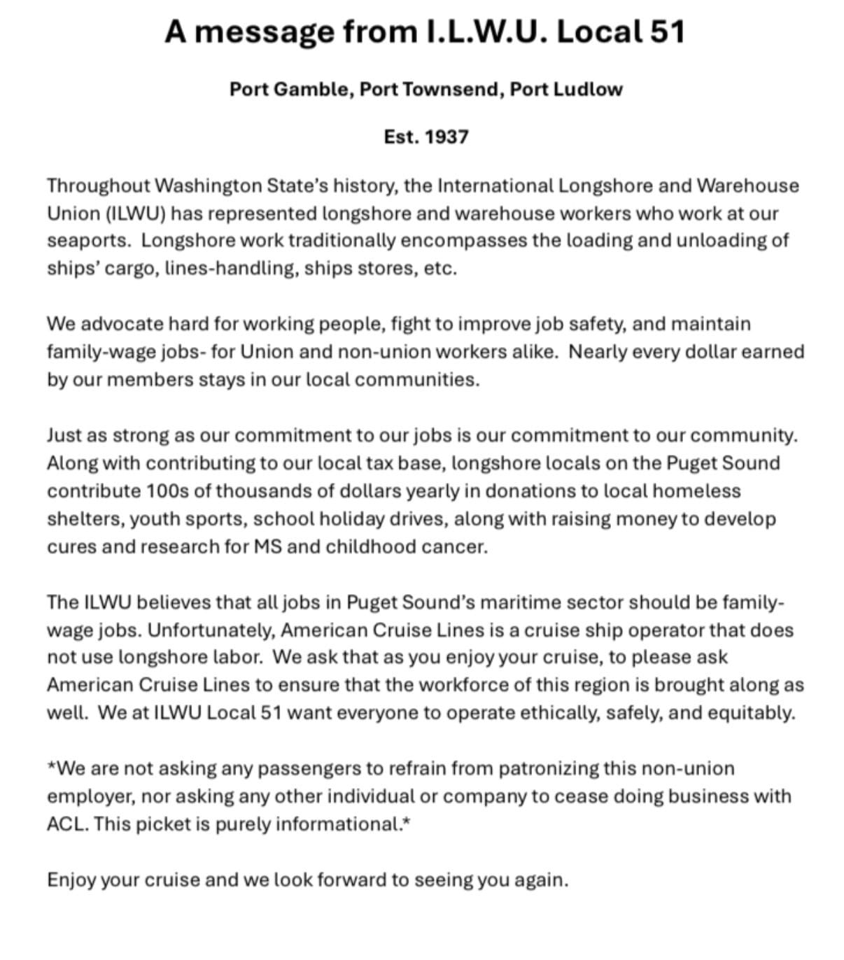 Information flyer handed to passengers at the picket.
