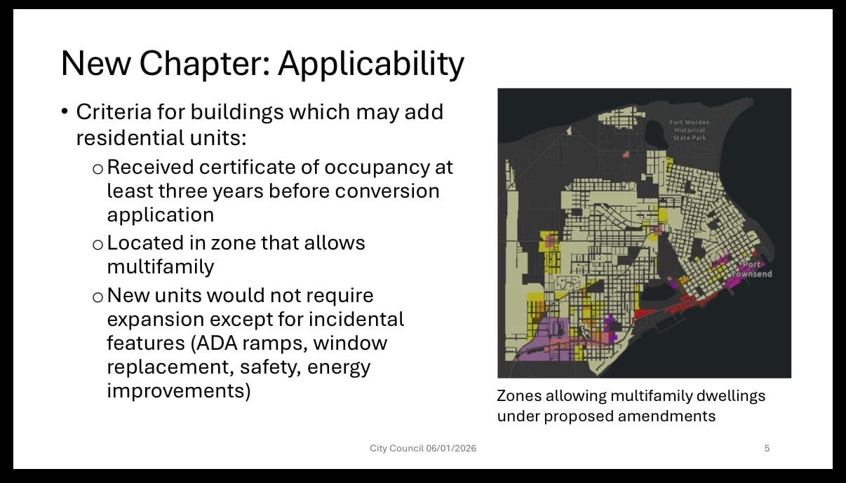 Zones allowing multifamily dwellings represented on a map of Port Townsend in yellow, purple and red. 