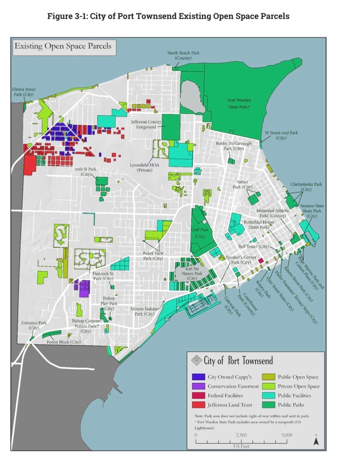 Existing parks and open spaces within Port Townsend city limits represented on a color coded map of Port Townsend. 