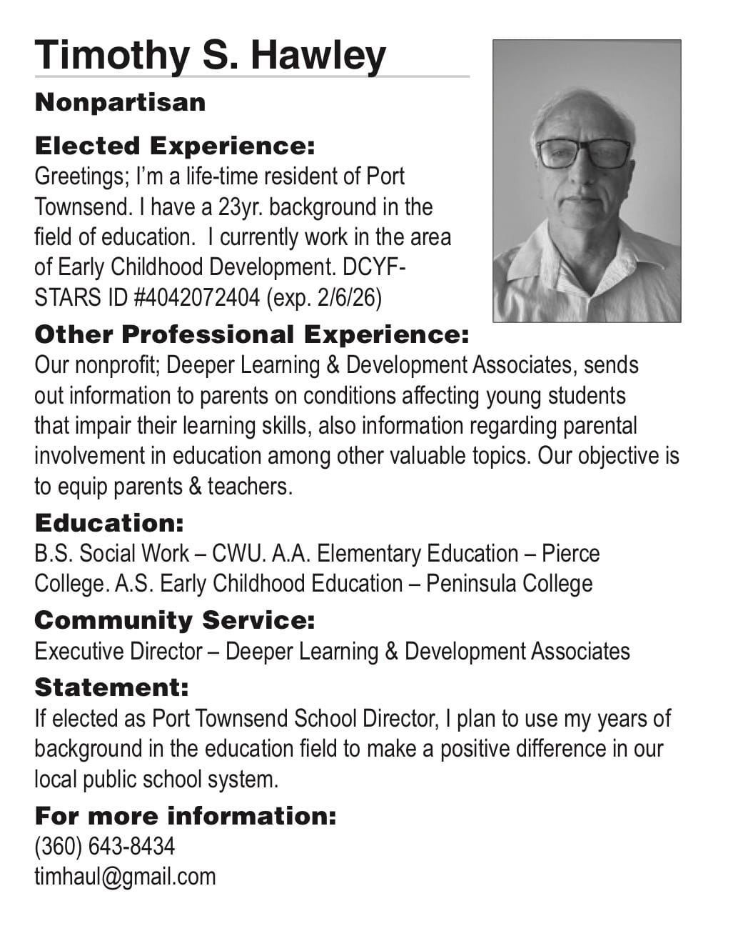 Timothy Hawley from the 2025 voter pamphlet. From the Jefferson County, WA website