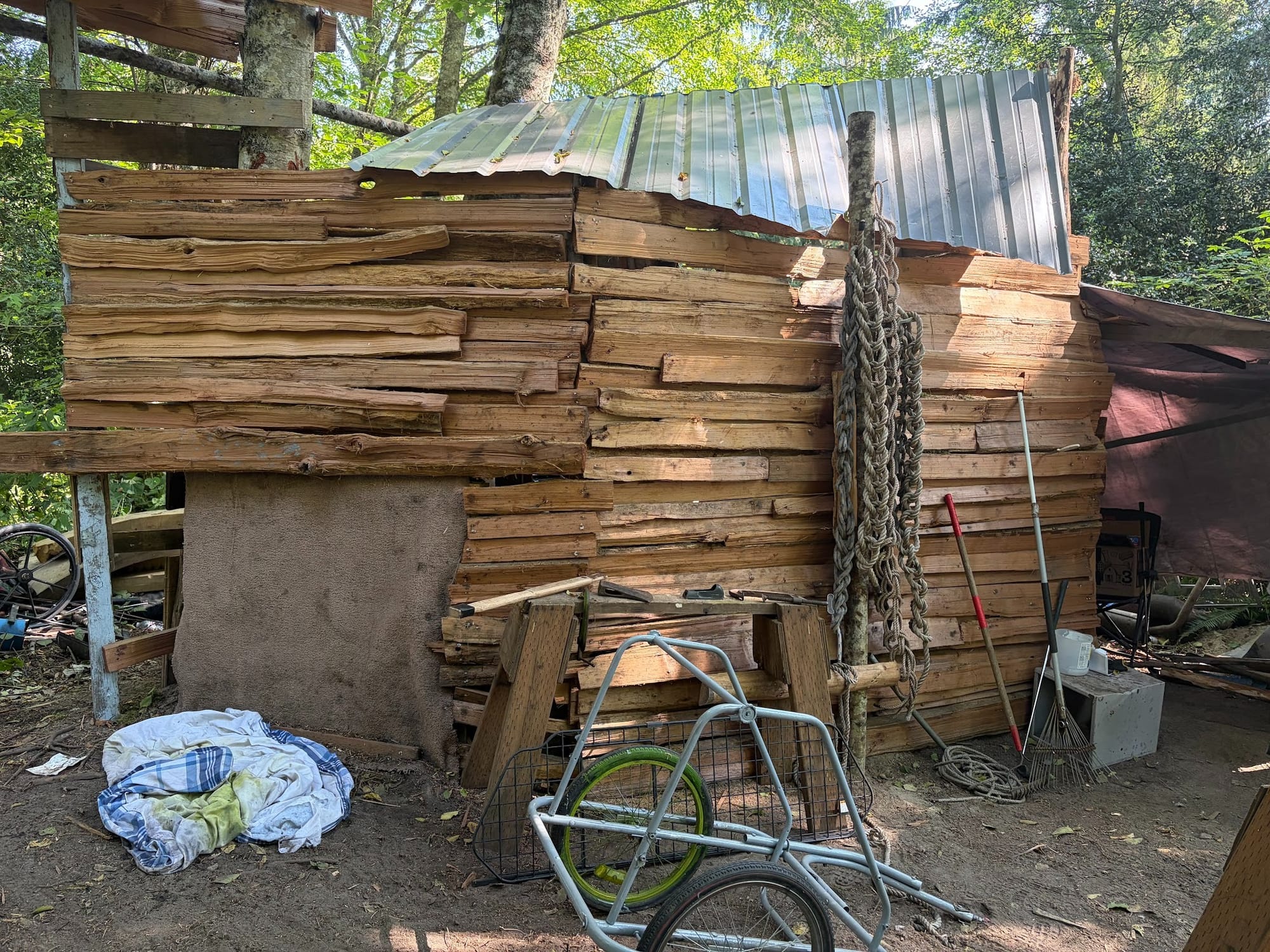 A hand-built log cabin with a tin roof.