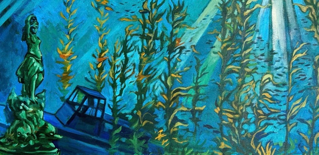 Jesse Joshua Watson’s mural concept. A boat underwater in kelp beds with the Haller Fountain Galatea statue.