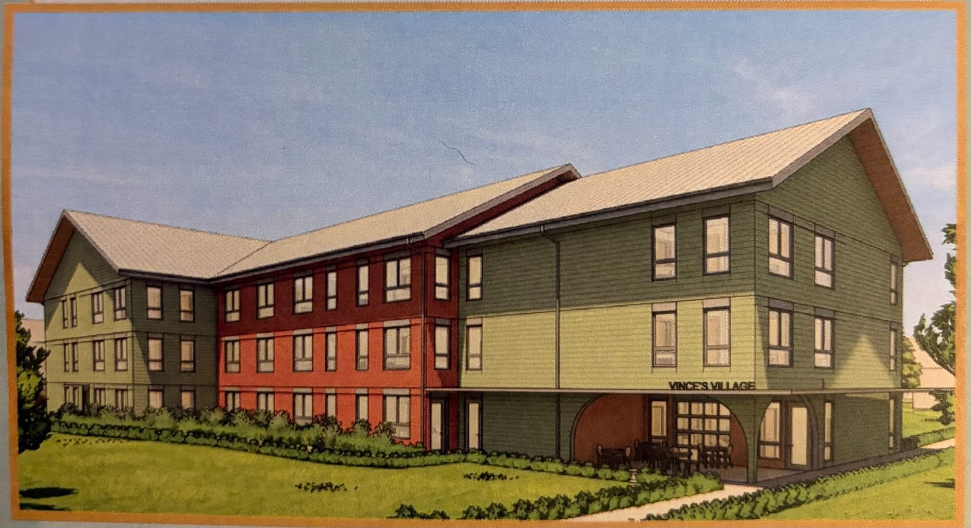 Vince’s Village concept art. An illustration of a large green and orange residence with landscaping.