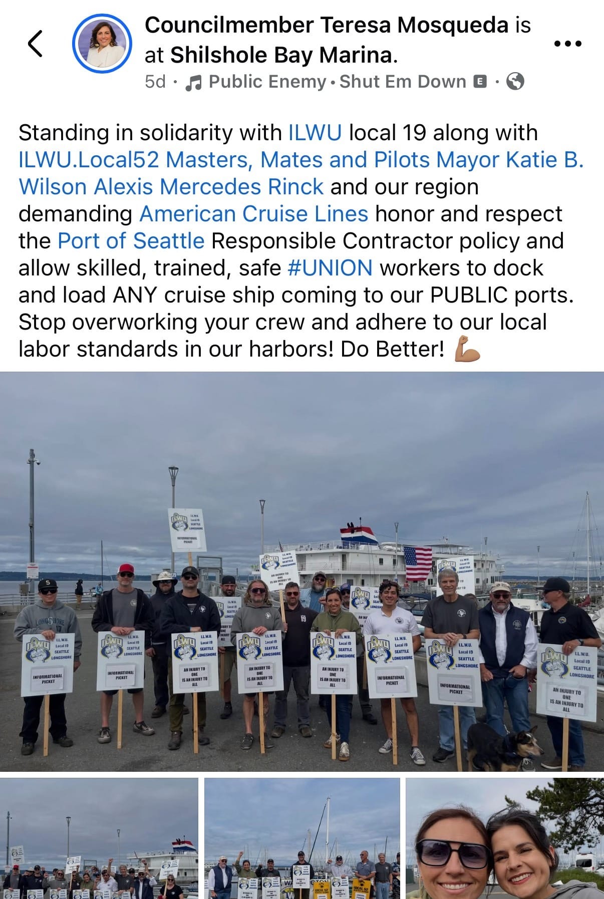 Screenshot from Facebook of Seattle Councilmember Teresa Mosqueda with picketers in Seattle’s Shilshole Bay Marina. 