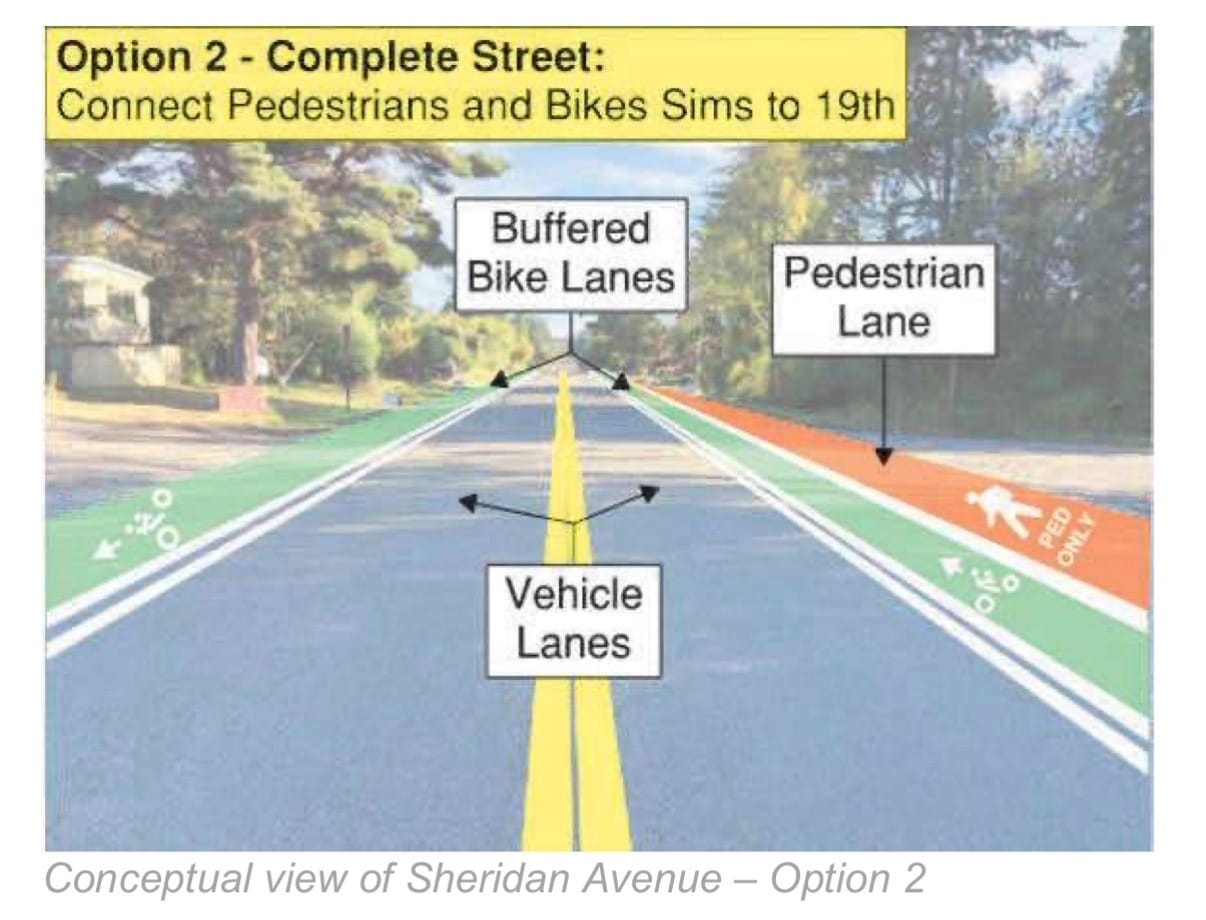 Concept image of option 2 for Sheridan Avenue, the bike path and sidewalk.
