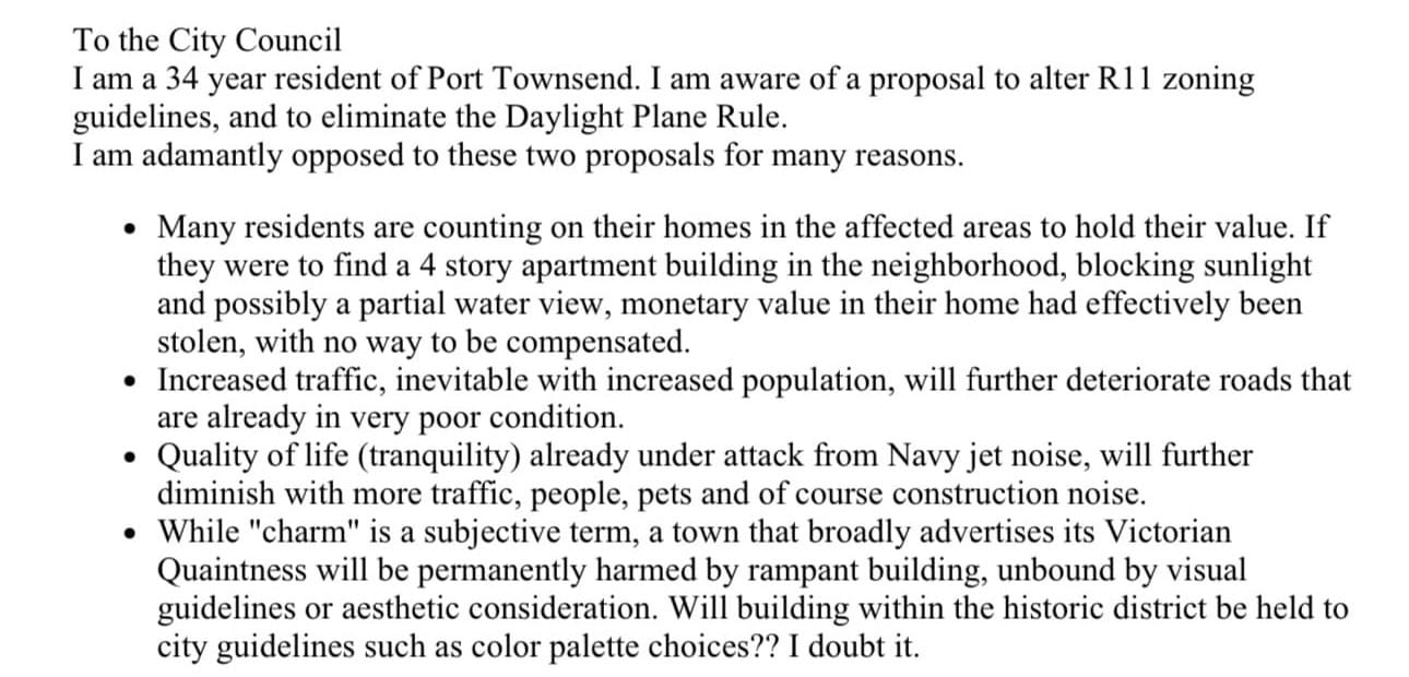 Public comment submitted on November 24, 2025 about zoning changes and removing height restrictions.