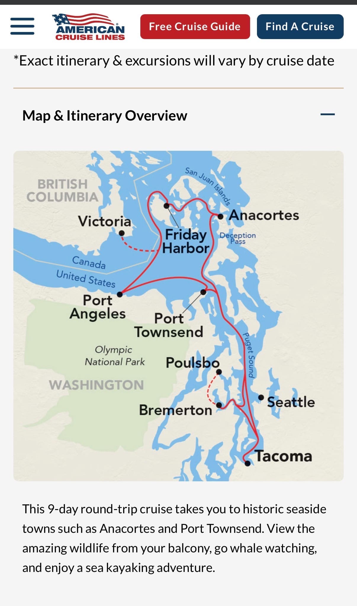 American Cruise Lines sailing and docking route.