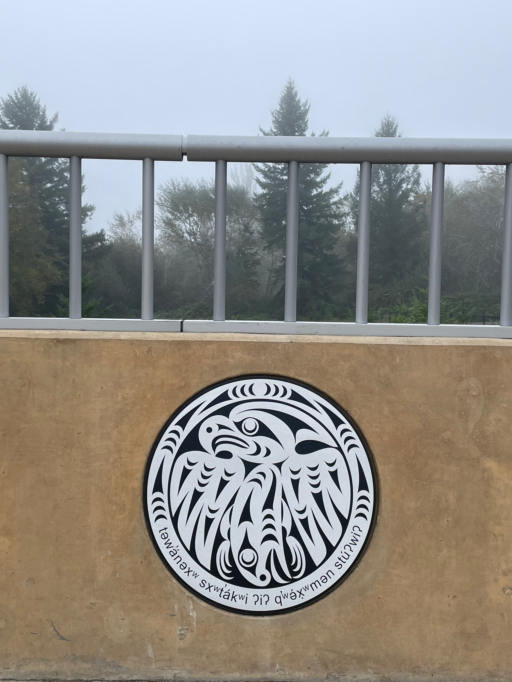 An art panel from the side of the bridge by Bud Turner. It is a silver color and a salmon and eagle design. 