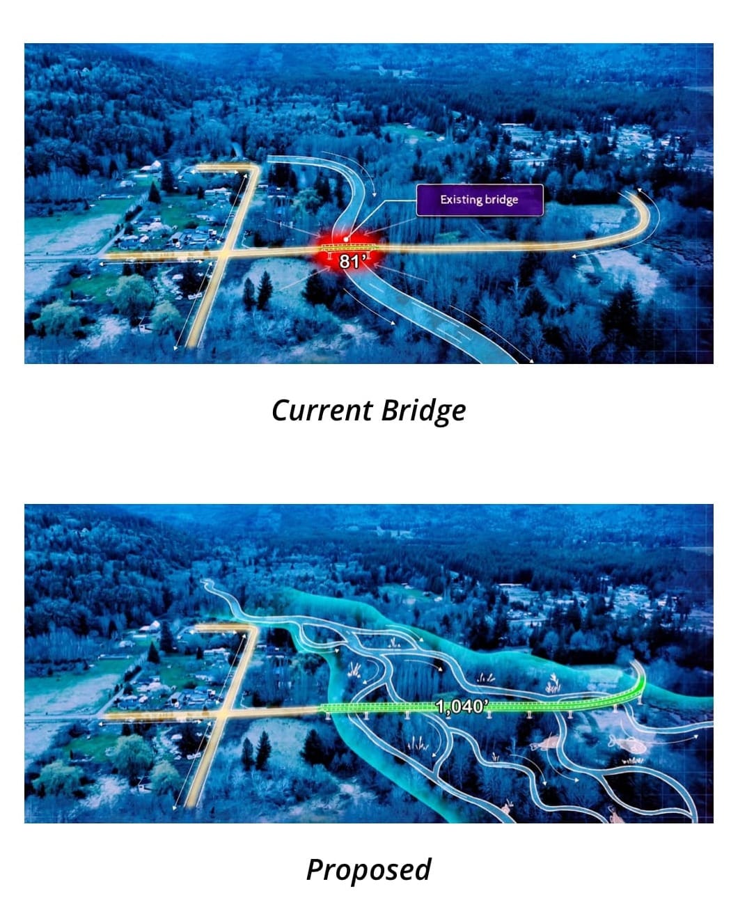 Aerial diagram of the former bridge and the new bridge and river channel system.