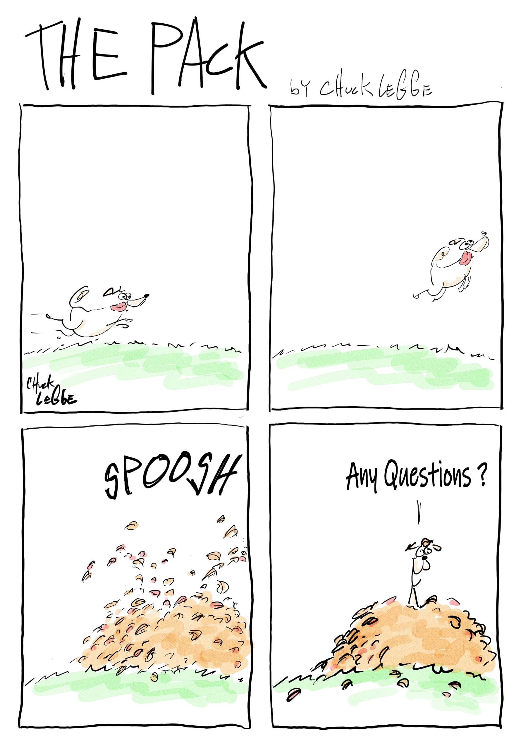 Four panels of a dog leaping into a pile of leaves with the end caption: "Any Questions?"