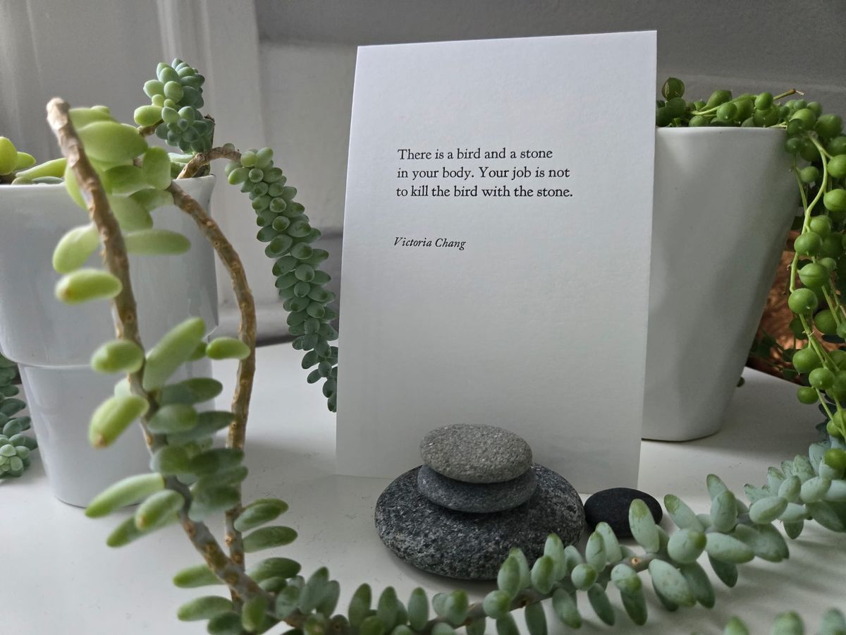 Desk with succulents, featuring words by poet Victoria Chang: “There is a bird and a stone in your body. Your job is not to kill the bird with the stone.”