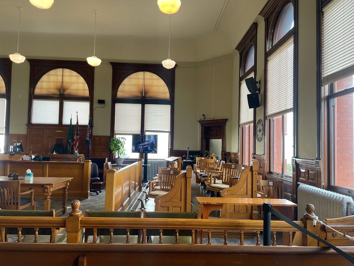 A profile view of the jury box in the Jefferson County Superior Courtroom 
