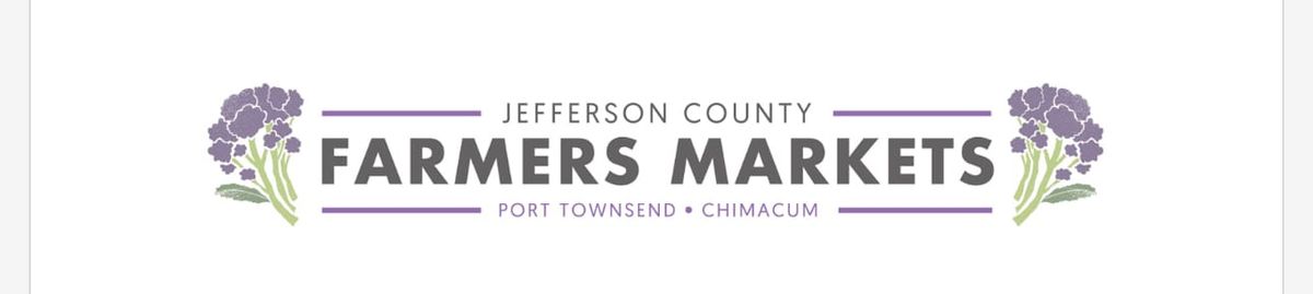 Jefferson County Farmers Markets logo. A purple motif with broccoli flowers bookending the logo. 