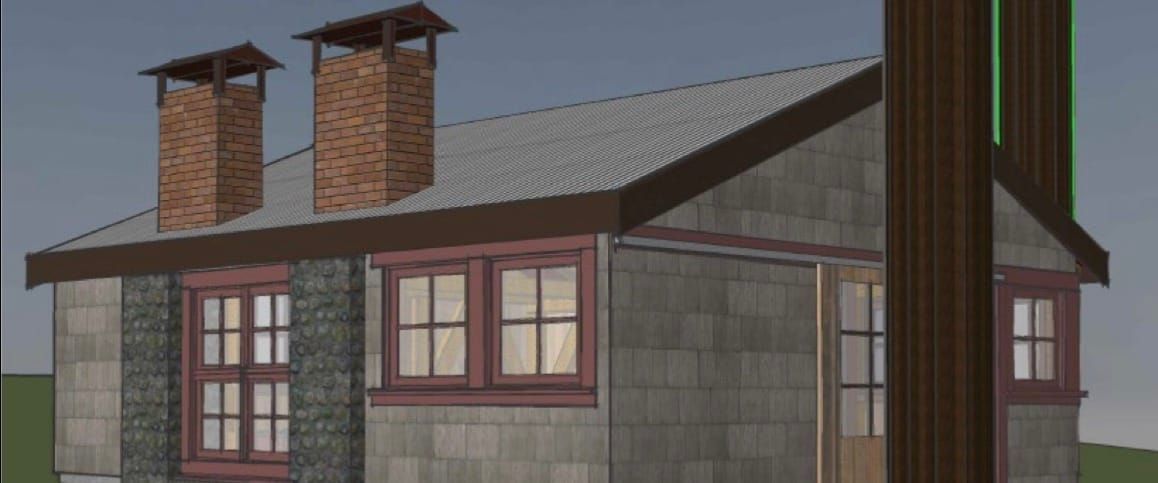 New kitchen shelter design for Chetzemoka Park. A shingled building with two stone and brick chimneys and small paned windows. 