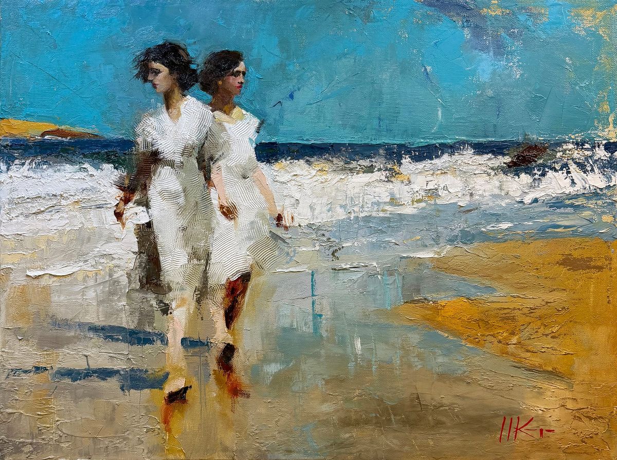 An oil painting of two women side by side walking on the beach. 