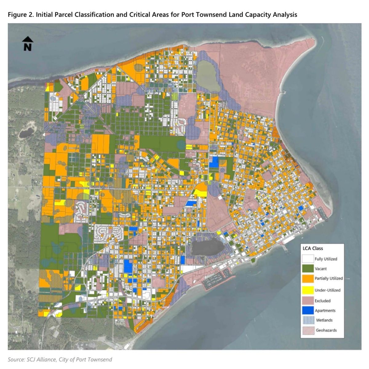 Land capacity map of available land for development. Partially/under-utilized portions include multiple combined lots for one single-family home. 