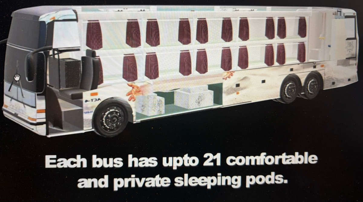 A cross section of a bus with multiple sleeping pods. 
