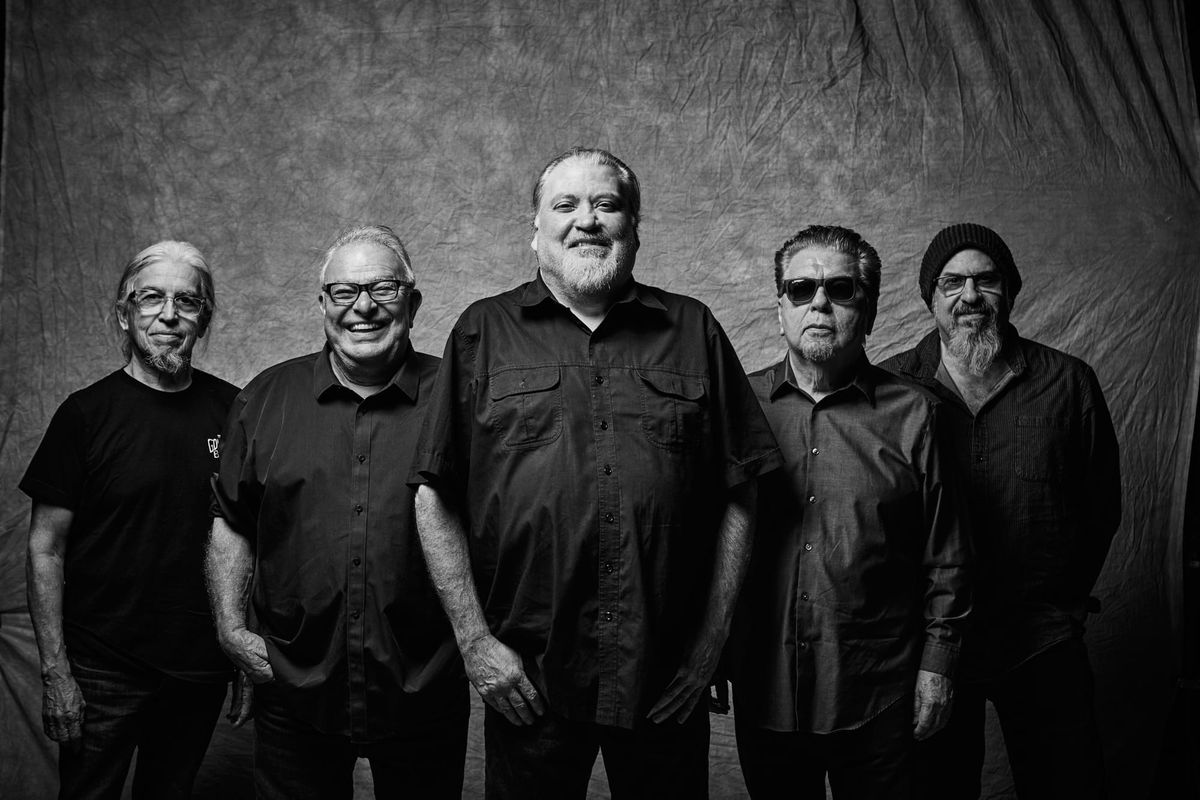 Los Lobos portrait in black and white. 