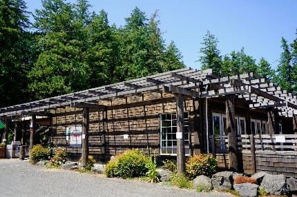 Quilcene Community Center, a single story brown shingle building with evergreen trees in the background