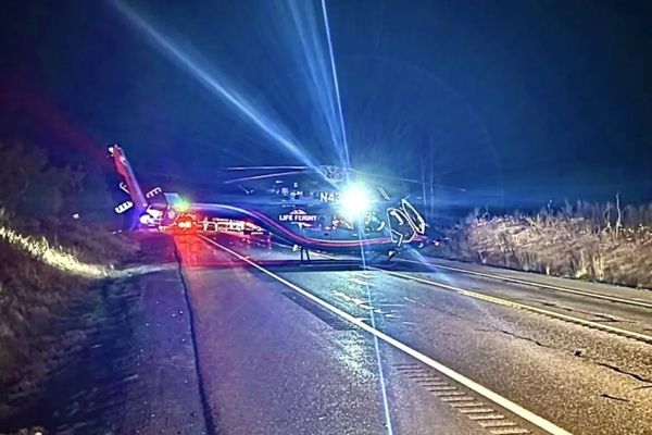 A helicopter in the middle of SR 104 