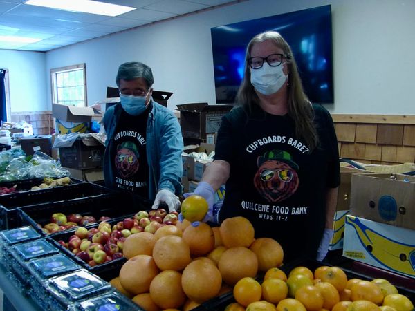 Two people with gloves and masks in front of bins of citrus, blueberries an apples