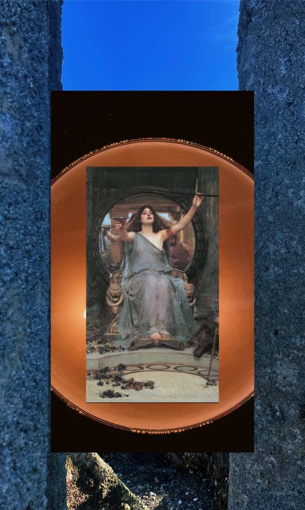 A collage, at the center is a woman on a throne with a blue textured border and an orange circle bordering the picture of the woman.