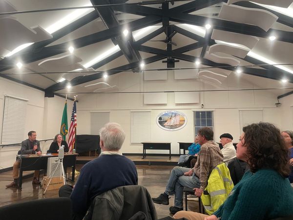 State of the City Annual Address at the Port Pavilion, City Manager John Mauro and Mayor Amy Howard (left) with audience (right)