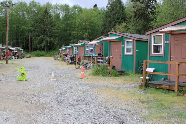 A row of tiny homes on a gravel driveway. Green painted cabins with brown doors and brown trim. 