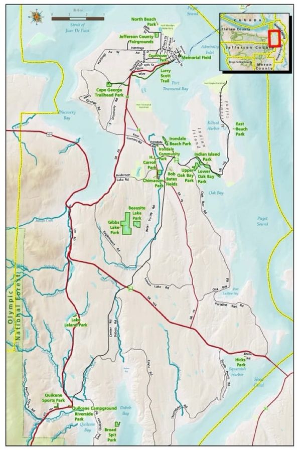 A map of parks in East Jefferson County, from the north end of the Quimper Peninsula to Quilcene Bay and Dabob Bay.