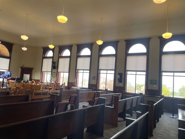 The brown wooden benches of a courtroom, looking out large pane windows towards trees. 