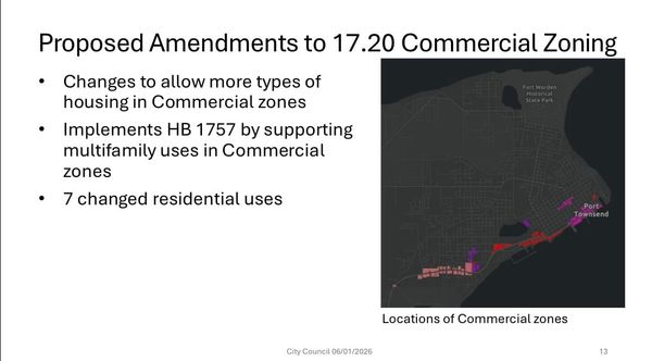 Proposed changes to allow multifamily housing in commercial zoning represented on a map of Port Townsend in pink purple and red. 
