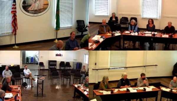 Joint meeting with County Commissioners and Port of Port Townsend via Zoom with participants in four quadrants on the screen. 