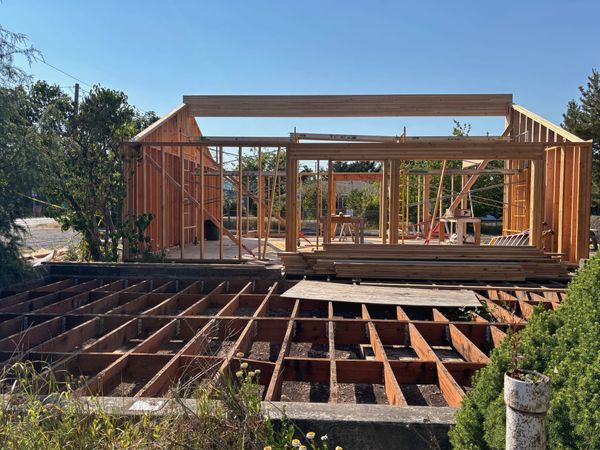 The under flooring and beginning of wood framing for the new Farmstand kitchen.