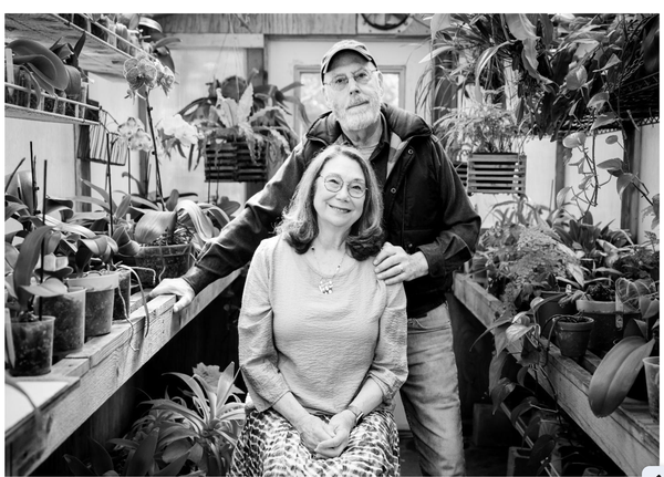 Anne and Dick Schneider in their greenhouse. 
