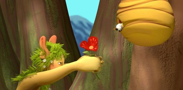 An animated Bigfoot giving a flower to a bee in a beehive. 