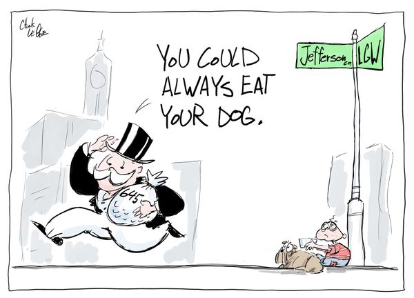 The millionaire mascot from Monopoly running away with a bag of money with the number 645 on it saying: You could always eat your dog. To the left a poor kid and his dog. 