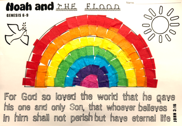 Sunday school craft of a rainbow collage, and John 3:16 as the verse.