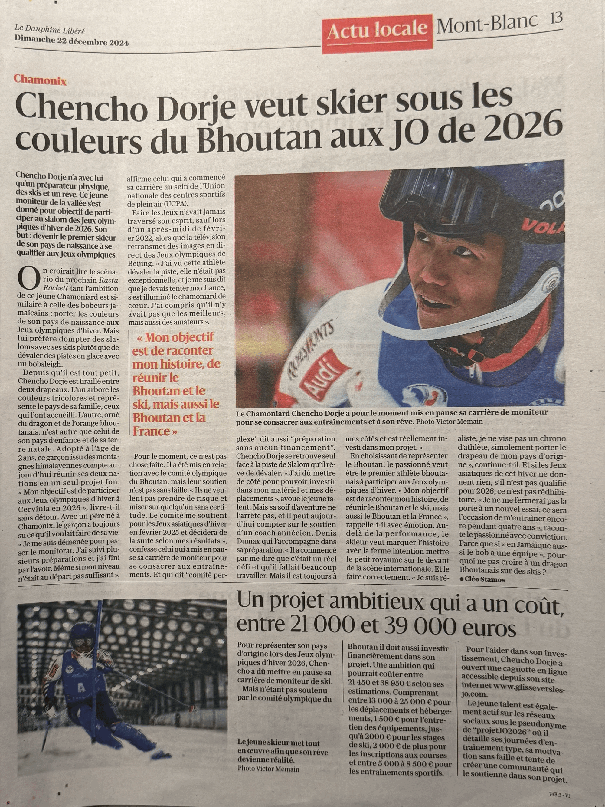 Le Dauphiné met à l'honneur mon projet olympique !