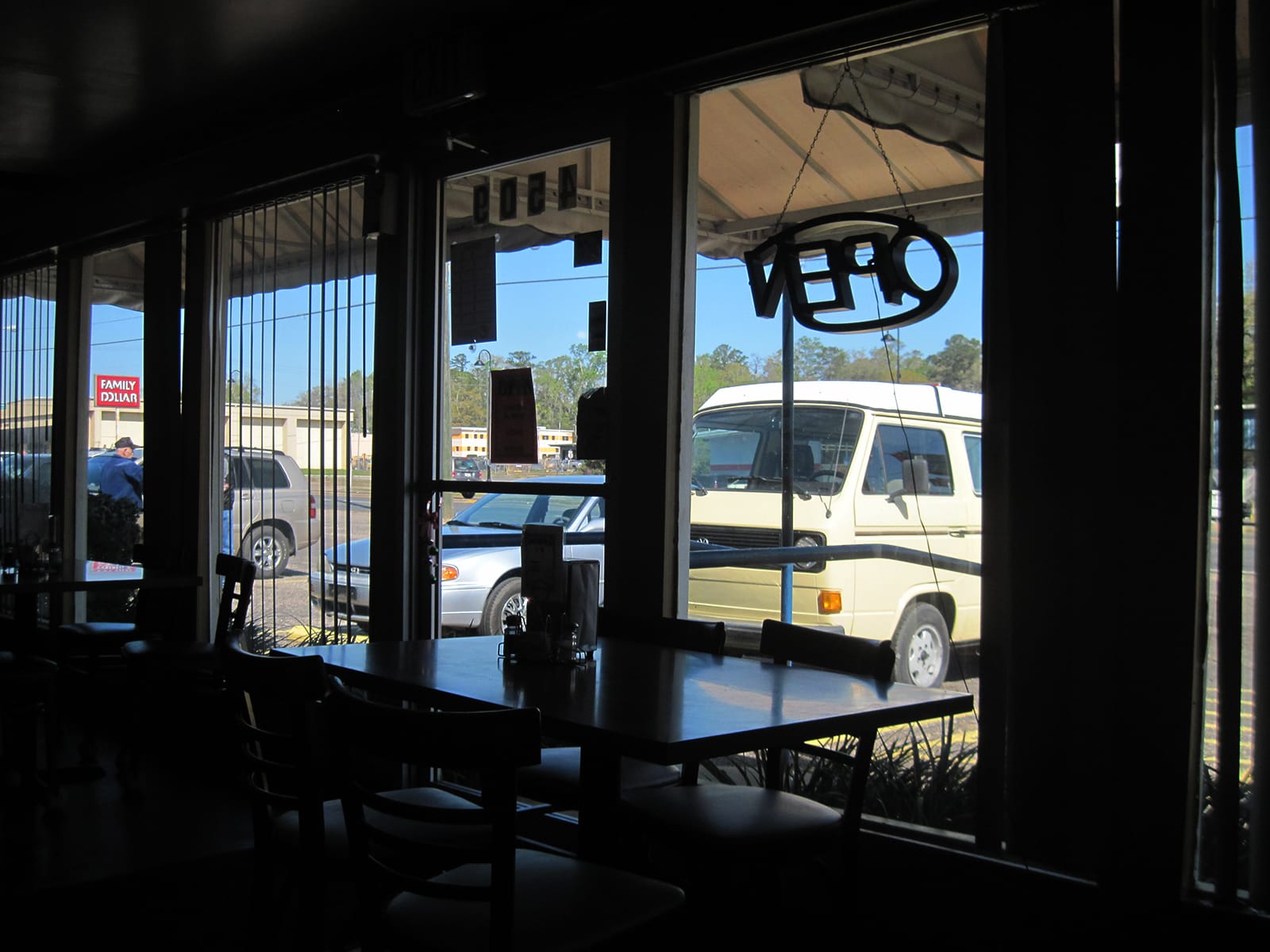 Westy parked outside a small cafe