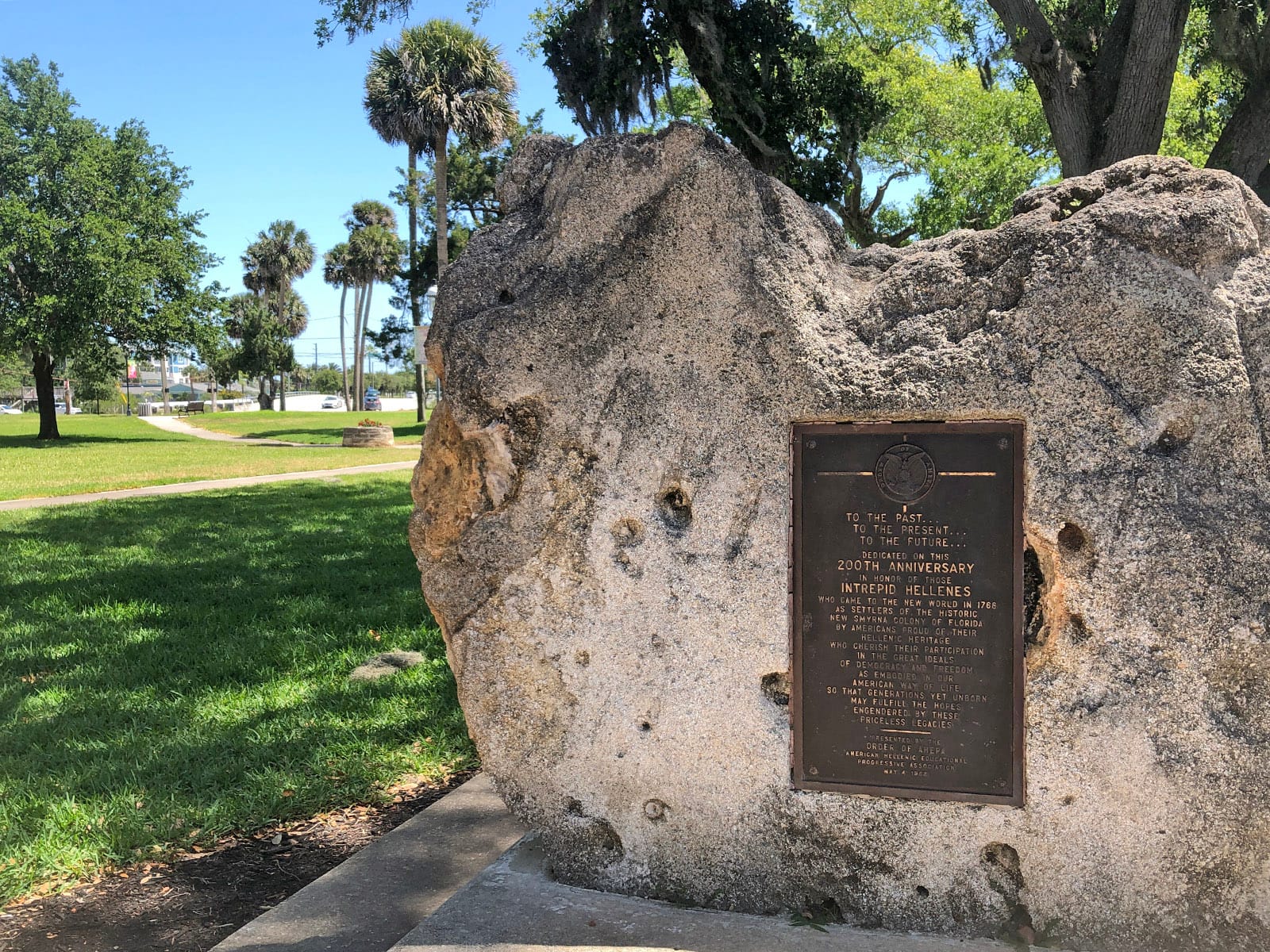 Large coquina stone with embedded 200th anniversary of colony plaque