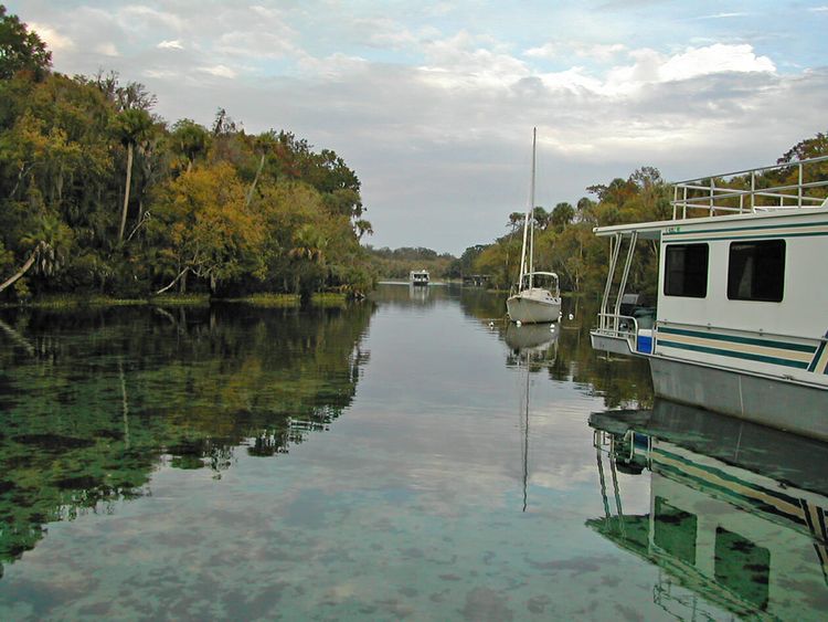 Houseboats moored in clear spring water
